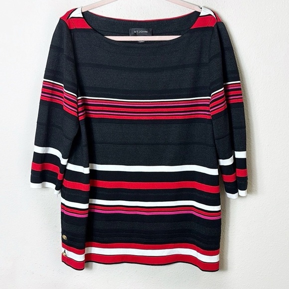 St John tunic top black red white pink striped 3/4 gold sleeve button accent XL - Picture 8 of 9
